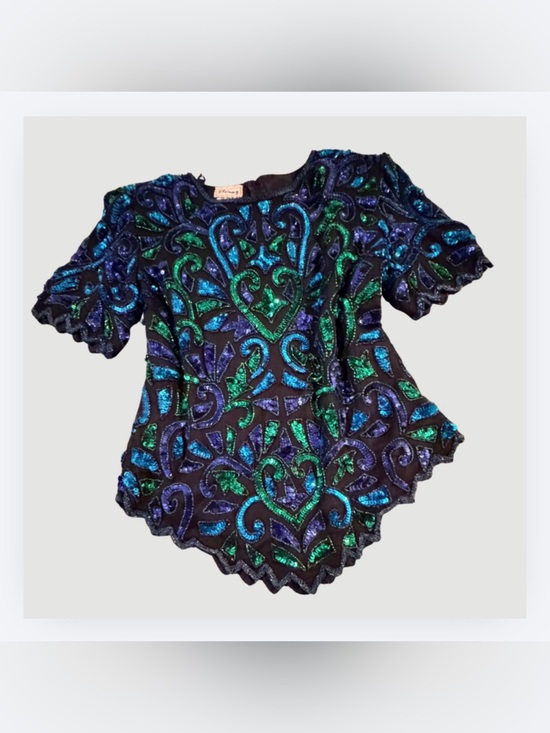 Stenay Tops - Vintage Sténay Sequined Silk Evening Top, Size L (Modern M/L)